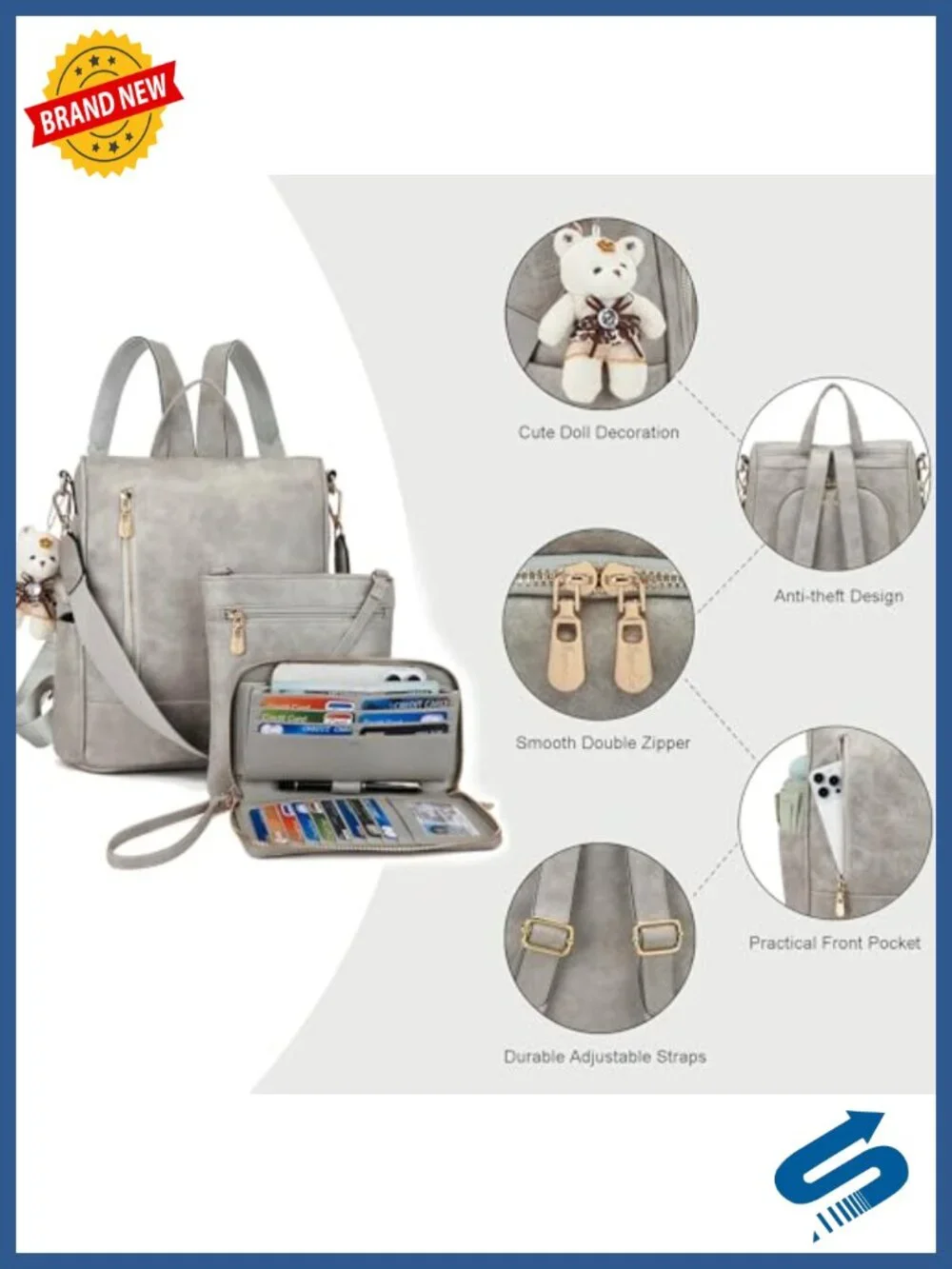 3pc Fashion Backpack Purse Set Anti-Theft Soft Pu Leather Detachable Strap